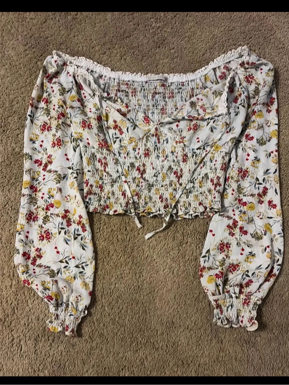 Active USA White Floral Off-Shoulder Smocked Crop Top with Red & Yellow Print